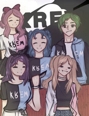 五個動漫角色穿著相配的樂隊襯衫在塗鴉牆前擺姿勢。 — The Krew 壁紙
