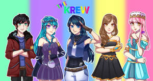 五個身穿色彩繽紛服裝的動漫角色在彩虹背景前擺姿勢。 — The Krew 壁紙