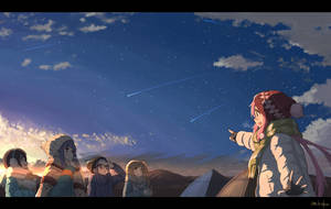 五個女孩穿著冬季外套在山間天空觀看流星。 — 星星 壁紙