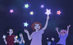 五個動畫小孩在繁星點點的夜空中拿著發光的星星。 — お茶子 うららか 壁紙