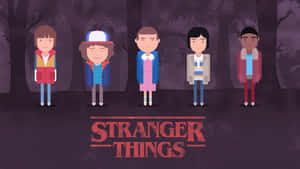 來自Stranger Things的五個卡通角色站在黑暗的森林中。 — 可愛萬聖節桌面 壁紙