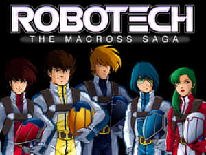 五個動畫角色穿著飛行裝備，手持頭盔，標題為 Robotech Macross Saga。 — 機器人 壁紙