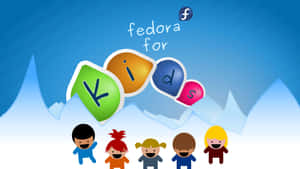 五個快樂的卡通小孩在Fedora for Kids標誌前，背景是山脈。 — 教育 壁紙