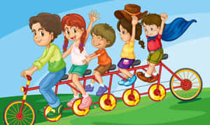 五個小孩在草地上騎著紅色雙人自行車，背景是藍天。 — 友誼日 壁紙