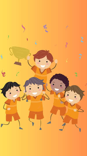 五個微笑的小孩穿著橙色制服，在飛舞的紙屑中慶祝贏得獎盃。 — 運動 壁紙