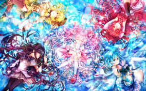 五個擁有彩色頭髮的動漫女孩漂浮在發光的宇宙漩渦中。 — 魔法少女小圓 壁紙