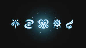 五個發光的藍色抽象符號水平排列在黑暗的星空背景上。 — 魔物獵人 世界 壁紙