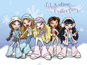五個穿著冬季服裝的 Bratz 公仔站在雪地上，背景有雪花。 — 娃娃 壁紙