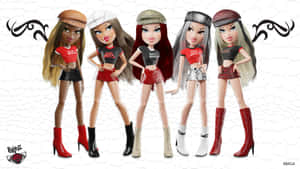 五個穿著搖滾主題服裝的 Bratz 娃娃以自信的姿態擺姿勢。 — Bratz 美學 GIF 壁紙
