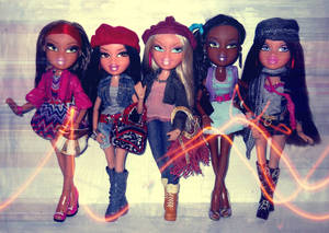 五個穿著色彩繽紛服裝的 Bratz 公仔，帶有發光效果。 — 娃娃 壁紙
