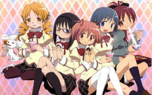 五個穿著校服的動漫女孩與一隻小白狗一起吃零食。 — 魔法少女小圓 壁紙
