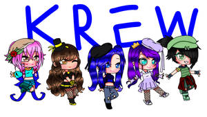 五個Q版動畫女孩在KREW字樣下擺姿勢 — The Krew 壁紙