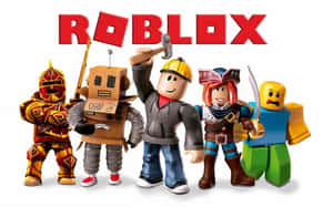 五個穿著不同服裝的Roblox虛擬角色站在Roblox標誌下方。 — 美學 Roblox 壁紙