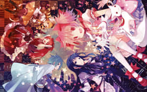 動漫角色在魔法場景中被發光的星星包圍。 — 魔法少女小圓 壁紙