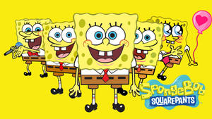 五個海綿寶寶角色微笑著拿著粉紅色心形氣球擺姿勢。 — 可愛卡通 壁紙
