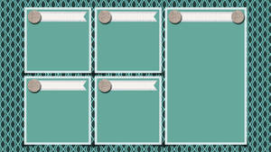 五個青綠色相框，配有白色絲帶和閃亮鈕扣，在圖案背景上。 — 藍色美學電腦 壁紙