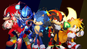 五個動漫風格的Sonic角色以發光效果英勇地擺姿勢。 — 超級索尼克 壁紙