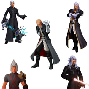 五個動漫風格奇幻角色身穿深色服裝，手持魔法武器。 — 王國之心 壁紙