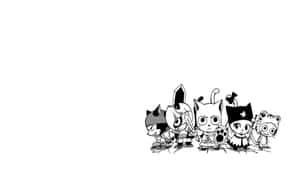 五個手持武器的Q版貓角色以黑白風格並排站立。 — 凱蒂貓 美學 GIF 壁紙