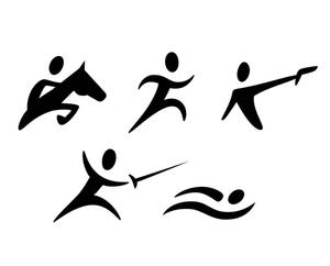 五個黑色運動圖標，顯示馬術、跑步、擊劍、游泳和潛水。 — 運動 壁紙
