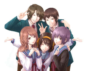五名動漫學生穿著校服，擺出和平手勢和笑容。 — 凱羅·忍 壁紙