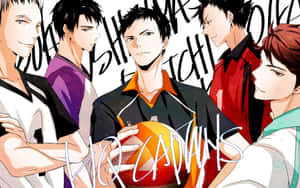 五名穿著隊服的動漫男排球運動員拿著球擺姿勢。 — 手球 壁紙
