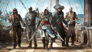 五名武裝海盜站在熱帶水域的船甲板上。 — 7680x4320 壁紙