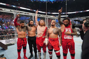 五名摔角手在籠中比賽獲勝後，在歡呼的粉絲面前慶祝。 — WWE GIF 壁紙