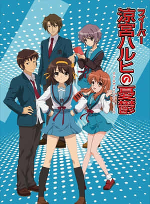 五個身穿校服的動漫角色在帶有日文字句的藍色波點背景上。 — 中野三玖 壁紙