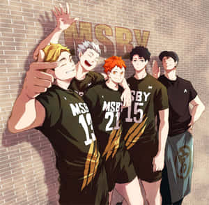 五名穿著排球制服的動漫男孩在磚牆前開心地擺姿勢。 — 排球 壁紙