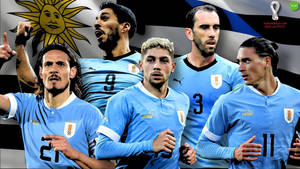 身穿藍色球衣的烏拉圭國家足球隊球員在世界盃中慶祝。 — FIFA 世界盃 壁紙