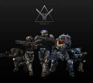 五名身穿裝甲的士兵穿著戰鬥裝備手持武器，位於Noble徽章下方。