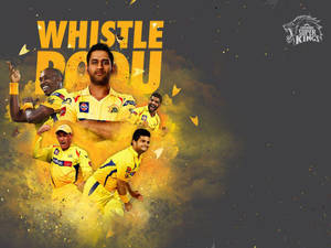 板球隊以「Whistle Podu」文字和金色爆炸效果慶祝。 — 板球 壁紙