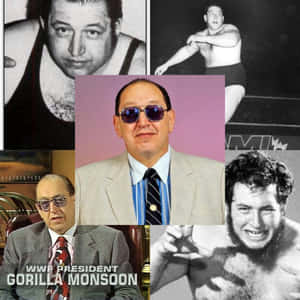 五張摔角人物的拼貼，其中包括穿著西裝和太陽眼鏡的 Gorilla Monsoon。 — 街頭霸王 壁紙