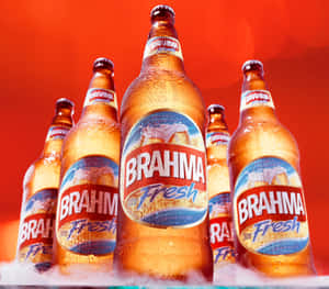 冰鎮的 Brahma 啤酒瓶在紅色背景和冷卻薄霧中帶有冷凝水珠。 — 啤酒 壁紙