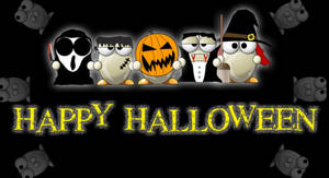 五隻穿著萬聖節服裝的企鵝，帶有發光文字寫著 happy halloween。 — 可愛萬聖節 壁紙