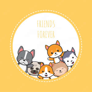 五隻微笑的卡通狗在一個圓圈內，帶有'Friends Forever'文字。 — 可愛小狗 壁紙