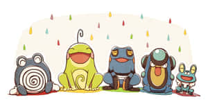 五隻快樂的卡通青蛙寶可夢坐在彩虹色的雨淋浴下。 — 數位藝術 壁紙