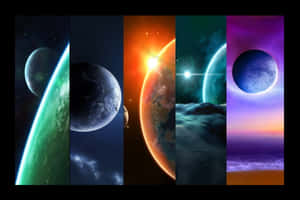 太空中五顆色彩繽紛的外星行星，帶有發光的大氣層和天體。