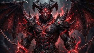一個帶有發光紅眼和火焰鎖鏈的惡魔形象，站在黑暗背景前。 — 黑色五葉草 壁紙
