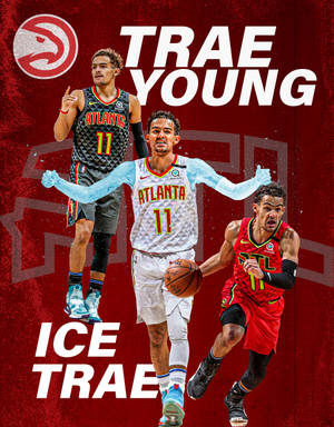 Trae Young以三個亞特蘭大老鷹隊籃球姿勢呈現，附有文字和球隊標誌。 — 崔·楊 壁紙