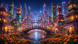 神奇的夜晚城市，有發光的建築和一座橋樑橫跨河流，點綴著橙色花朵。