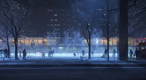 夜晚人們在有雪和城市燈光的溜冰場上滑冰的場景。 — 冬季美學 壁紙