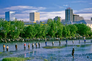 城市居民在淺河中釣魚，背景是現代建築。 — 城市景觀 壁紙