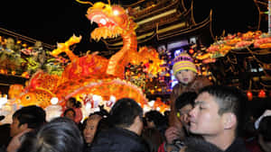 人群在夜間節日觀看一個大型發光龍燈籠。 — 春節 壁紙