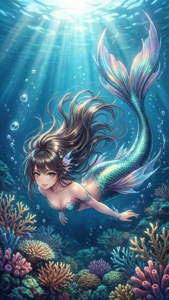 一位長髮美人魚在色彩繽紛的珊瑚礁中游泳，陽光從上方照射下來。 — 動漫女孩 壁紙