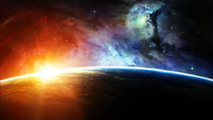 地球日出時分，太空中有色彩繽紛的星雲 — 星際效應 壁紙