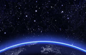 在星空下，城市燈光閃耀的彎曲地球地平線，可見星座。 — 宇宙 壁紙