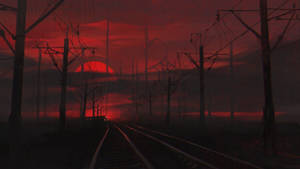 廢棄鐵軌上的紅色夕陽，有電線桿和霧氣 — 火車 壁紙