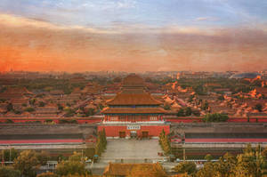 故宮日落，橙色天空和紅牆 — 城市風景 壁紙